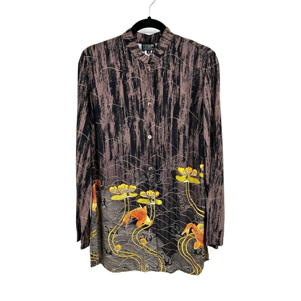 CITRON Women's Brown Orange Yellow Coy Fish Oversized Button Down Shirt Size 2X